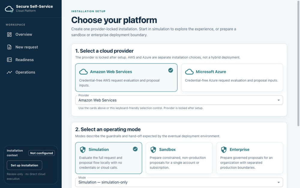 Portal setup walkthrough: choose AWS and simulation mode